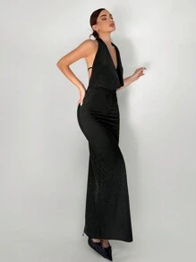 Aloruh Women's Elegant Draped Neck Backless Long Black Dress,Summer Glitter Shiny Fabric Formal Prom Dress,Ball Party Night Simple Dress For Women - Black - View 5