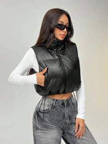 SHEIN EZwear Women's PU Splicing Teddy Fleece Reversible Sleeveless Vest With Pockets, For Autumn/Winter
