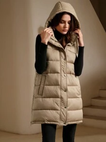 Anewsta Women Sleeveless Button Design Fashion Removable Hooded Side Slit Apricot Vest - Brown - View 7