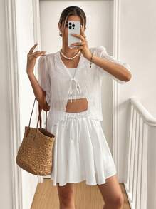 SHEIN Essnce 夏季新款纯白简约休闲泡泡袖 3/4 袖女式衬衫