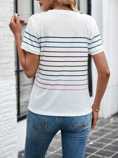 SHEIN LUNE Women's Colorful Striped Crew Neck Patchwork Casual T-Shirt
