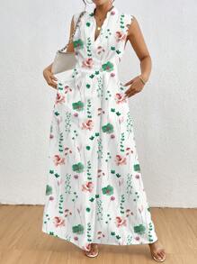 SHEIN Clasi 女士 V 领无袖宽松休闲花卉印花连衣裙 - 綠色 - 查看 7