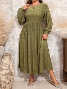 EMERY ROSE Plus Size Solid Color Lantern Sleeve Casual Vacation Dress,Fall Clothes - Army Green - View 5