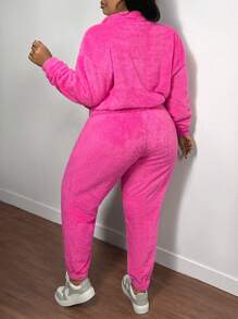 Slaydiva 休闲秋冬两件套大码女士套装：纯色毛绒短款连帽衫和裤子