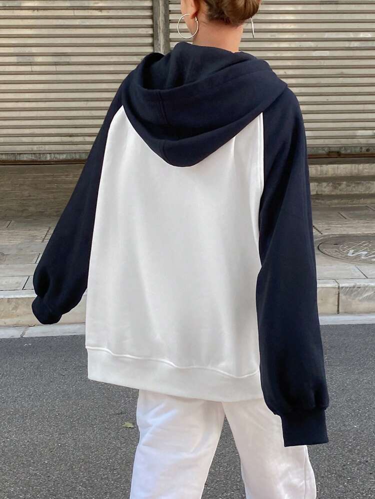 Women's Contrast Color Letter Print Hooded Drawstring Pocket Zip-Up Sweatshirt,Thermal Lined