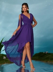 Mgiscy V领珍珠雪纺露肩喇叭袖前短后长高端晚礼服、伴娘服