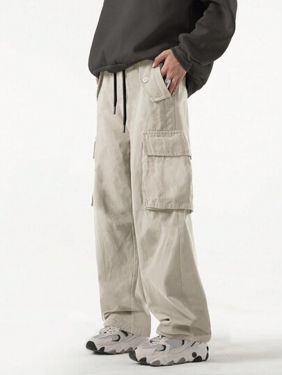 Street Life Men Solid Color Drawstring Pocket Casual Cargo Pants, Fall