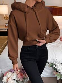 SHEIN Qutie Women's Solid Color Dropped Shoulder Long Sleeve Patchwork Fluffy Hooded Short Sweatshirt In Autumn And Winter,Long Sleeve Tops - Mocha Brown - View 1