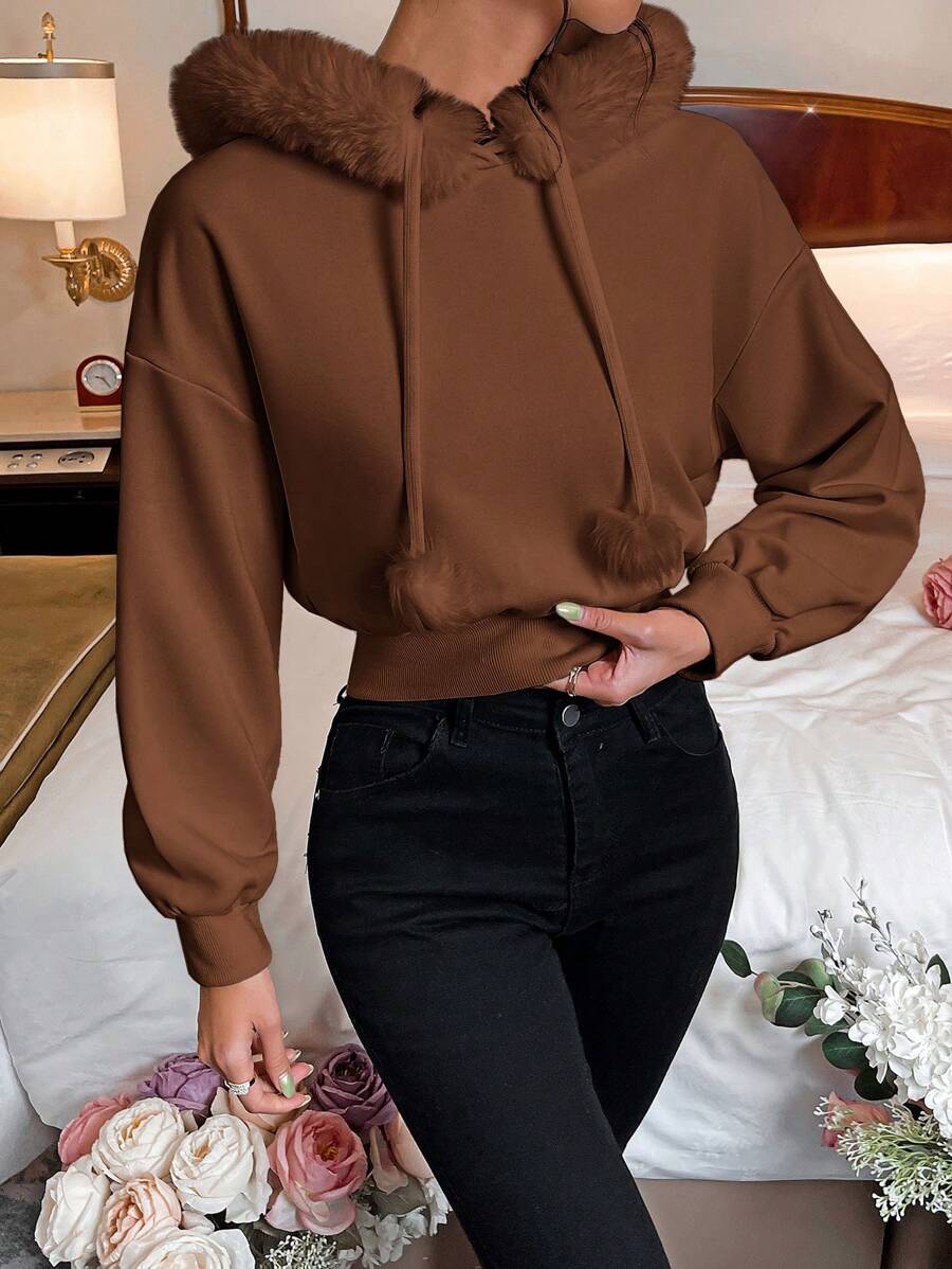 SHEIN Qutie Women's Solid Color Dropped Shoulder Long Sleeve Patchwork Fluffy Hooded Short Sweatshirt In Autumn And Winter,Long Sleeve Tops - Mocha Brown - View 1