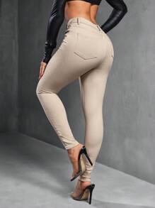 SHEIN SXY Women's Solid Color Minimalist Everyday Denim Jeans - Apricot - View 7