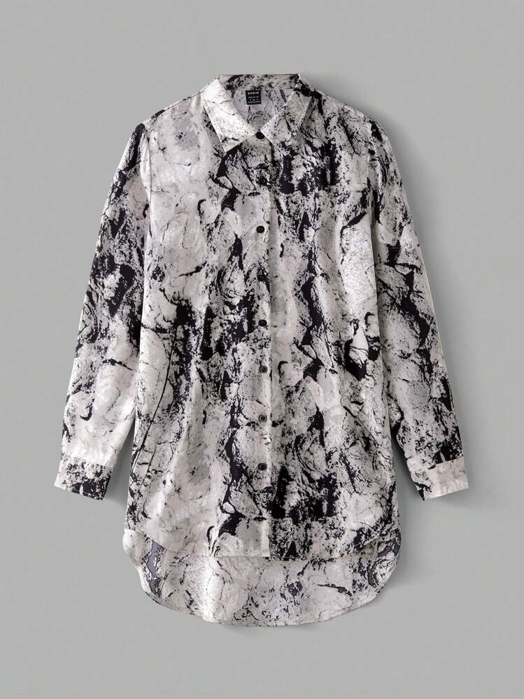 SHEIN LUNE Camisa casual de manga larga con botón delantero, cuello vuelto y estampado floral para mujer, blusa de manga larga para otoño - Multicolor - Añade 1