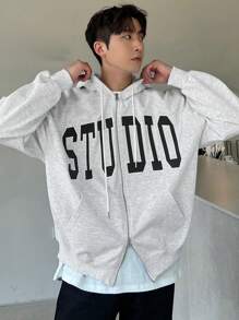 DAZY Men's Casual Letter Embroidered Zip-Up Hoodie, Autumn - Light Grey - View 5
