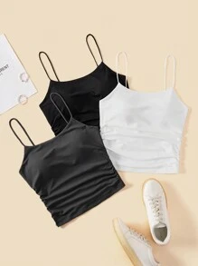SHEIN Essnce Áo ba lỗ cổ tròn bó sát thoải mái cho nữ mùa hè thoáng khí cơ bản áo hai dây nữ áo ngực miễn phí áo ba lỗ, gói 3 - Màu xám đen - Xem 4