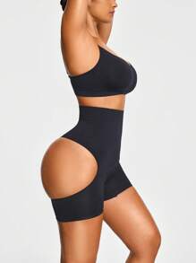 SHAPORA Pantalones cortos de control de figura con cintura alta y diseño calado de unicolor para mujer - Negro - Ver 4