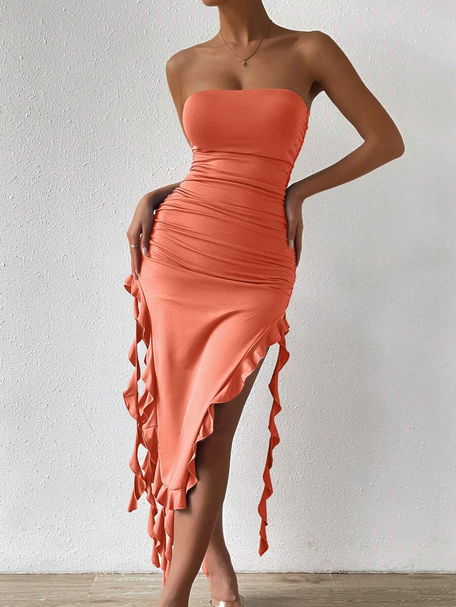 SHEIN Unity Plain Color Ruffle Hem Slit Dress With Waist Tie, Casual Vacation - Coral Pink - View 1