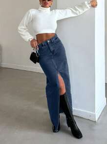 EURMUSE Women High Waist Slit Long Casual Denim Skirt - Dark Wash - View 7