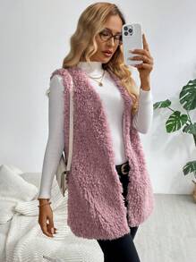 SHEIN LUNE Áo khoác vest không tay màu hồng mềm mại, phù hợp để mặc ngoài - Bụi hồng - Xem 3