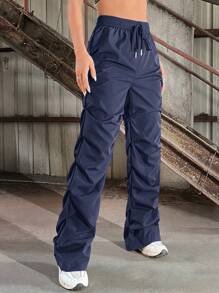 SHEIN EZwear 女式秋季 Blokecore 休闲侧抽绳腰部降落伞工装裤蓝色 - 藏蓝色 - 查看 4