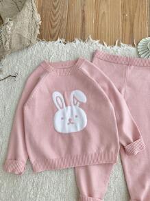 SHEIN Baby Girls Cute Cartoon Dog Knit Sweater And Pants 2pcs Outfit, Suitable For Outdoor, Casual And Street Wear In Autumn And Winter