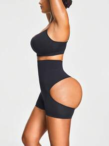 SHAPORA Pantalones cortos de control de figura con cintura alta y diseño calado de unicolor para mujer - Negro - Ver 7