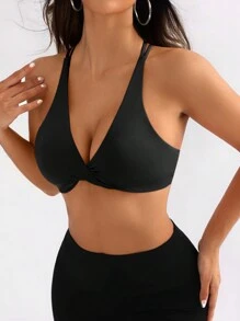 SHEIN Sport Studio Women's Solid Color Criss-Cross Back Casual Fitness Sports Bra