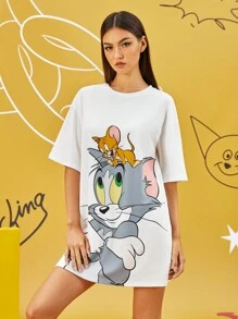 TOM & JERRY X SHEIN 女士卡通印花超大宽松睡袍，可爱白色睡裙 - 白色 - 查看 3