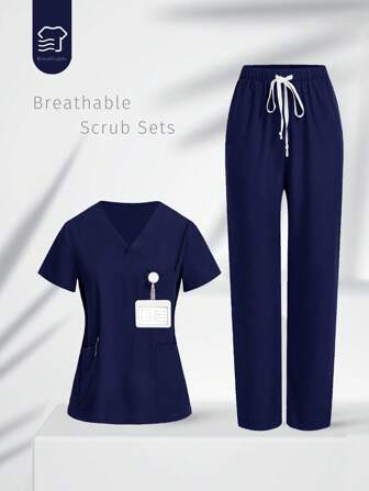 TaskEZ 2pcs Plain V-Neck Short Sleeve Pocket Top And Tie-Front Pants Scrub Uniform Matching Set
