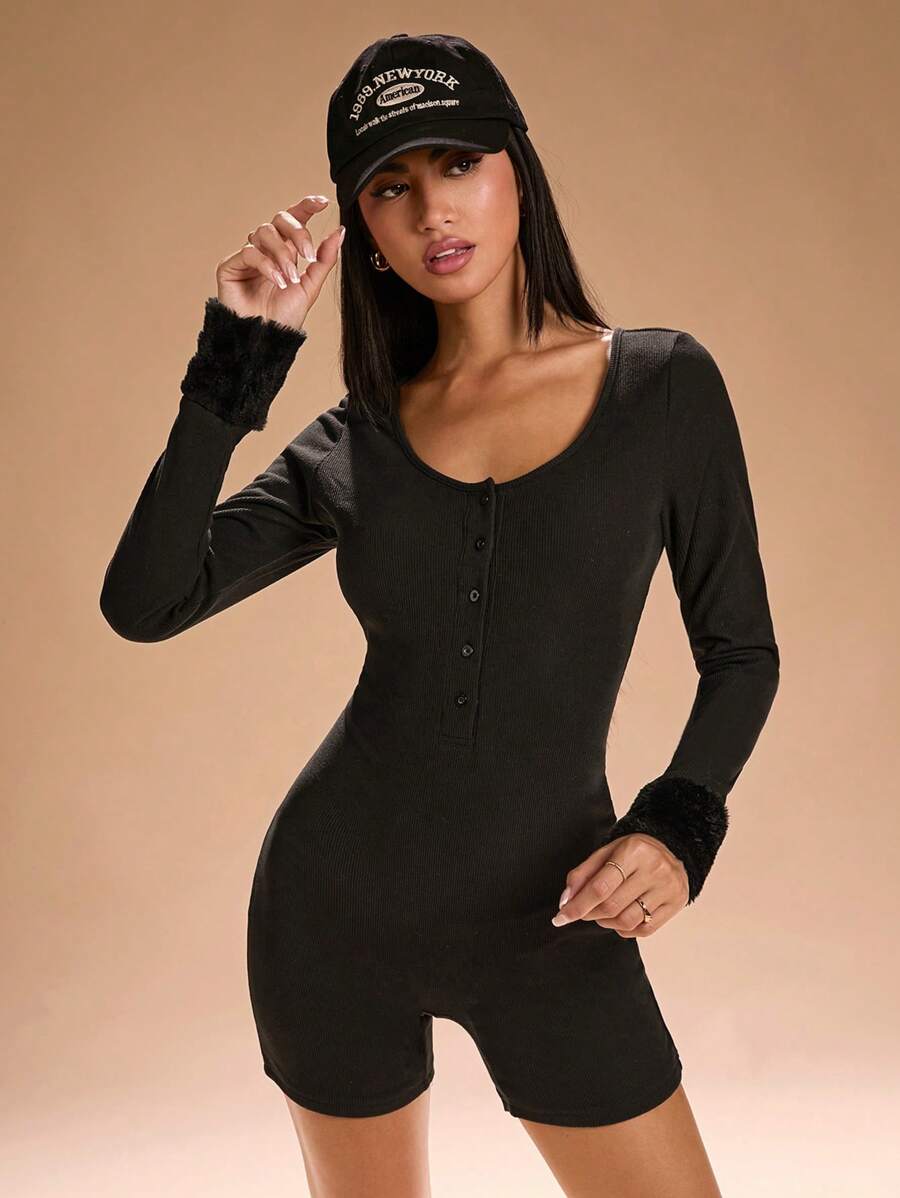 SHEIN SXY Autumn Winter Knitted High Stretchy Jumpsuit With Frayed Hem Fall Winter Women Clothing - Black - View 1