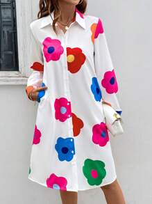 SHEIN LUNE Women Casual Flat Lay Bright Color White Bottom Printed Flower Dress - White - View 6