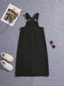 YOUNG GIRL PREPPY CASUAL Adjustable Flat Pockets Overall Dress - Black - View 2