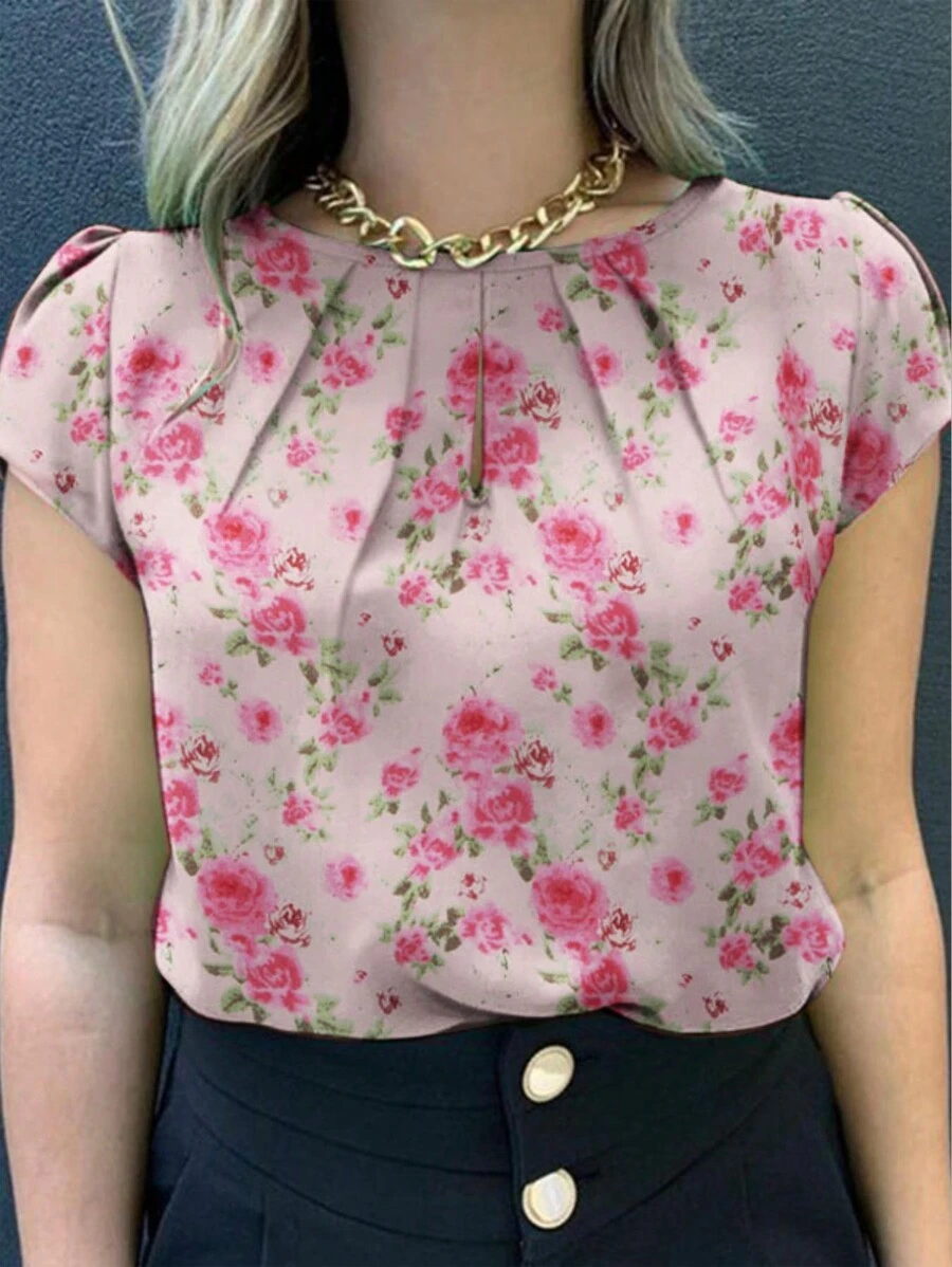 EMERY ROSE Women's Round Neck Floral Print Pleated Summer Blouse,Short Sleeve Tops - Multicolor - View 1