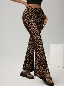 Siren Gaze Women Leopard Print High Waist Flared Pants,Leopard Costume Winter Brown Elegant Cheetah Spring - Brown - View 4