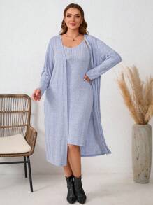 SHEIN LUNE 大码罗纹吊带裙 + 开衫 2 件套秋季女装女士服装套装旅行装机场 - 藍色 - 查看 1