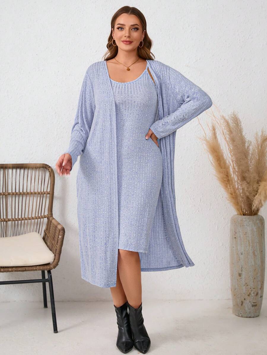 SHEIN LUNE 大码罗纹吊带裙 + 开衫 2 件套秋季女装女士服装套装旅行装机场 - 藍色 - 查看 1