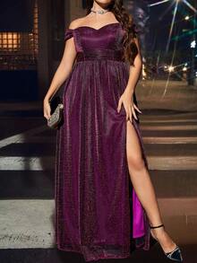 Plus Size Off Shoulder Zipper Back Pleated Elegant Bridesmaid Dress - Hot Pink - View 4