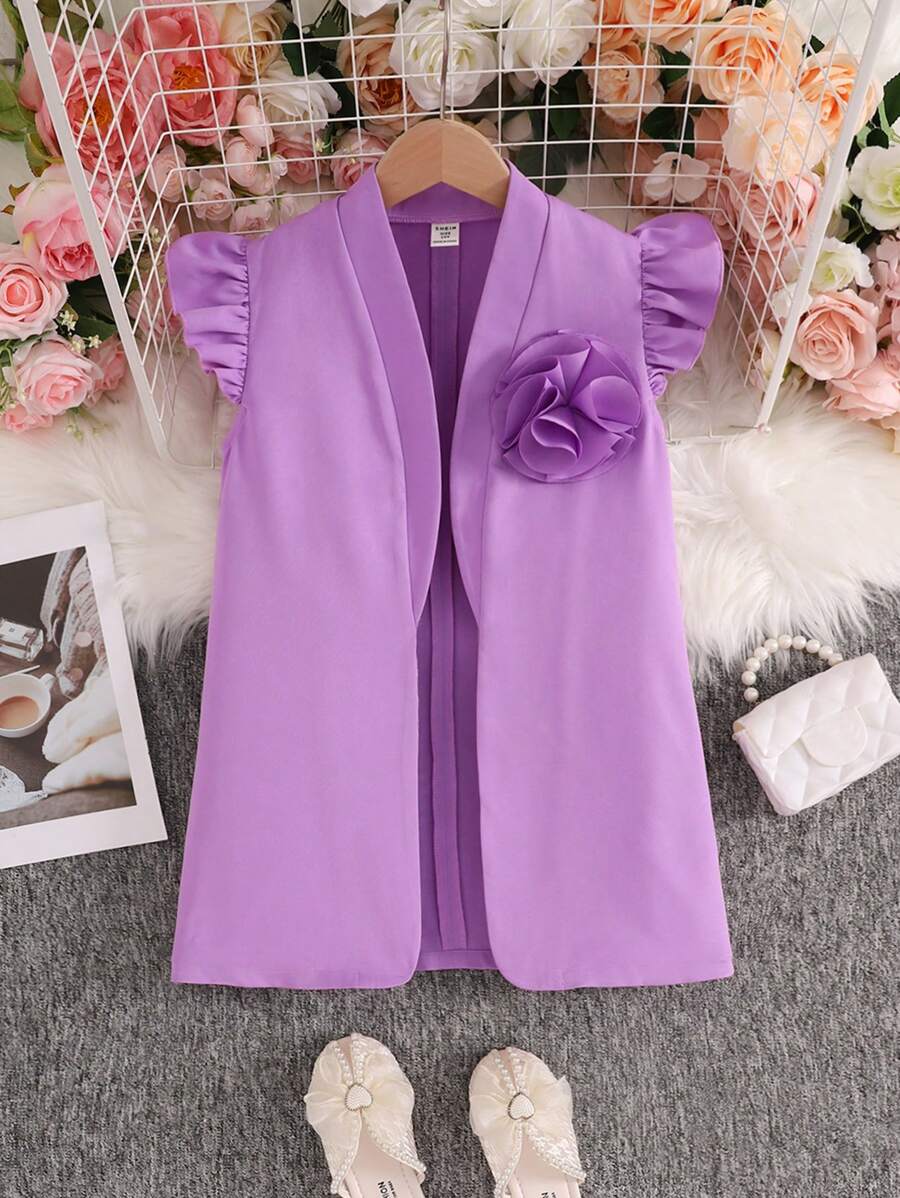 SHEIN Tween Girls' Loose Minimalist Relaxed Fit Sleeveless Butterfly Decor Versatile Cardigan - Lilac Purple - View 1