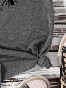 SHEIN LUNE Halloween Women's Clothes Casual Simple BOO Spider Web Pattern Round Neck Short Sleeve Fit Plus Size T-Shirt Pullover Suitable For Summer - Grey - View 4