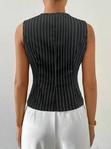 SHEIN Clasi Women's Summer Sleeveless Striped Single-Breasted Casual Waistcoat - Black - View 2