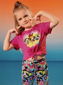 THE POWERPUFF GIRLS X SHEIN 2pcs Young Girl Cartoon Print Knot Hem Short Sleeve T-Shirt And Flare Leg Pants Outfit