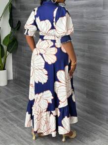 Slaydiva 加大码优雅蓝色花卉印花系腰不对称荷叶边下摆长裙