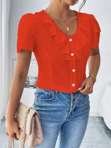 Chiquease Women's Solid Color Front Button Ruffle Trim Casual Short Sleeve Blouse - Orange - View 4