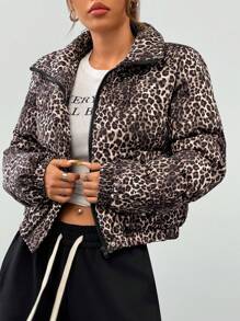 SHEIN EZwear Women's Fashionable Leopard Print Padded Coat, Winter - Multicolor - View 3