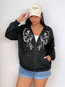 SHEIN EZwear Plus Size Women Plus Size Angel Heart Print Wash Effect Casual Sweatshirt With Pockets, Batwing Long Sleeve Loose Hoodie For Fall/Winter - Black - View 5