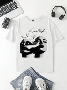 Muchica 休闲宽松面部印花圆领短袖女式T恤，适合夏季 - 白色 - 查看 1
