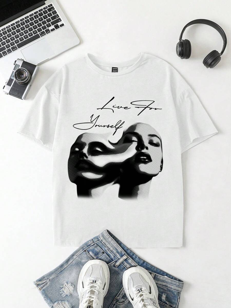 Muchica 休闲宽松面部印花圆领短袖女式T恤，适合夏季 - 白色 - 查看 1