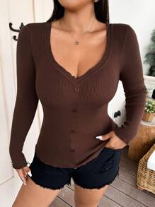 Flirla 大码纯色心形领口前开襟纽扣长袖休闲毛衣，适合冬季秋季穿着。 - 杏色 - 查看 3