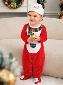 SHEIN 2件套男婴可爱雪人刺绣保暖连体衣冬装帽子套装 - 紅白色 - 查看 5