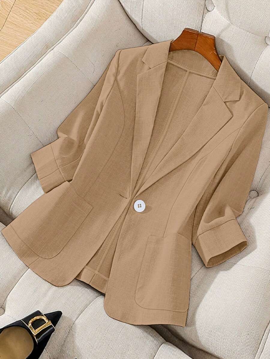 Franclia Áo khoác blazer trơn màu thanh lịch tay dài cài nút ve áo dành cho nữ - Màu Khaki - Xem 1