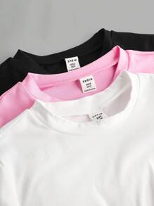 SHEIN 3pcs/Set Tween Girl Casual Ruched Waist Round Neck Short Fitted Long Sleeve T-Shirts, School, Campus, College Chic Outfits For Autumn/Winter - Multicolor - View 8