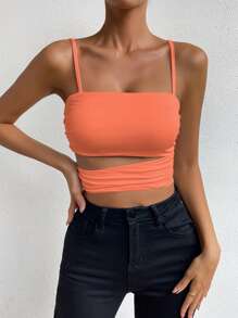 Allurite 女士纯色镂空修身细肩带背心，夏季 - 珊瑚粉 - 查看 6